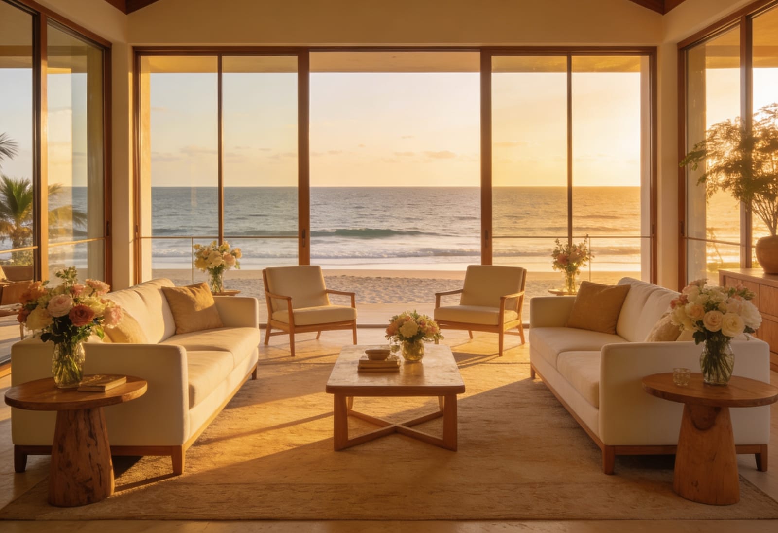 Sala de lujo con vista al mar en una residencia de Mazatlán al atardecer