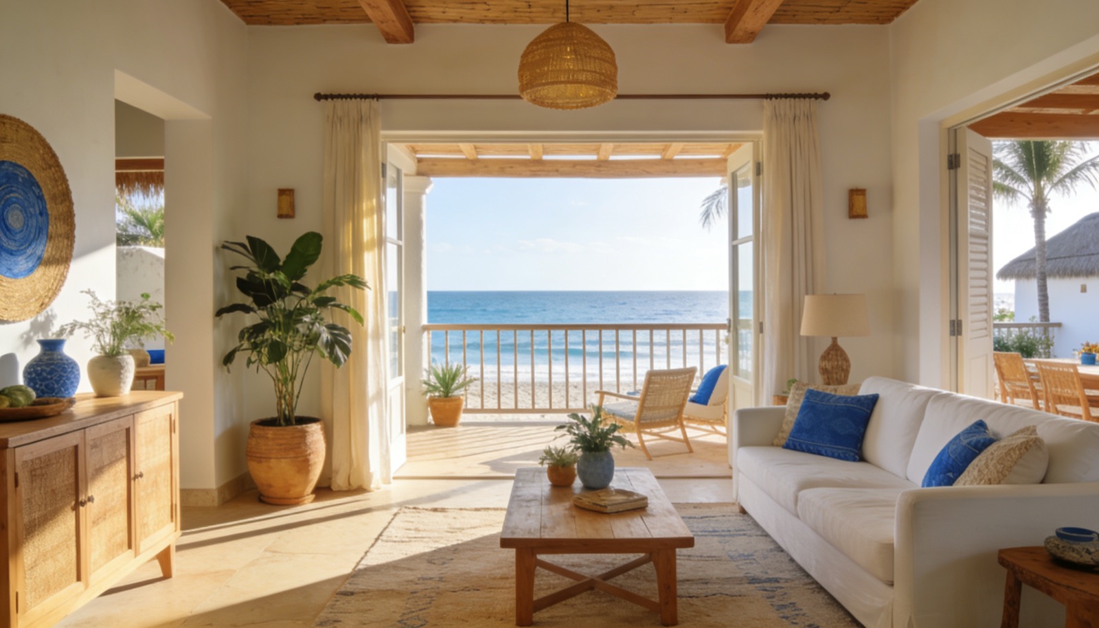 Interior luminoso con balcón y vista al mar de una casa vacacional en Mazatlán