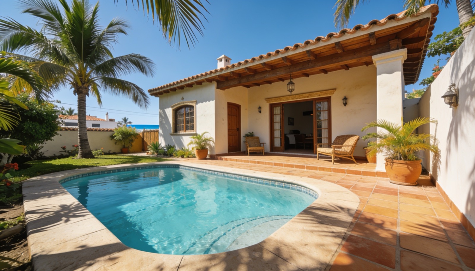 Casa vacacional con alberca y palmeras bajo cielo despejado en Mazatlán