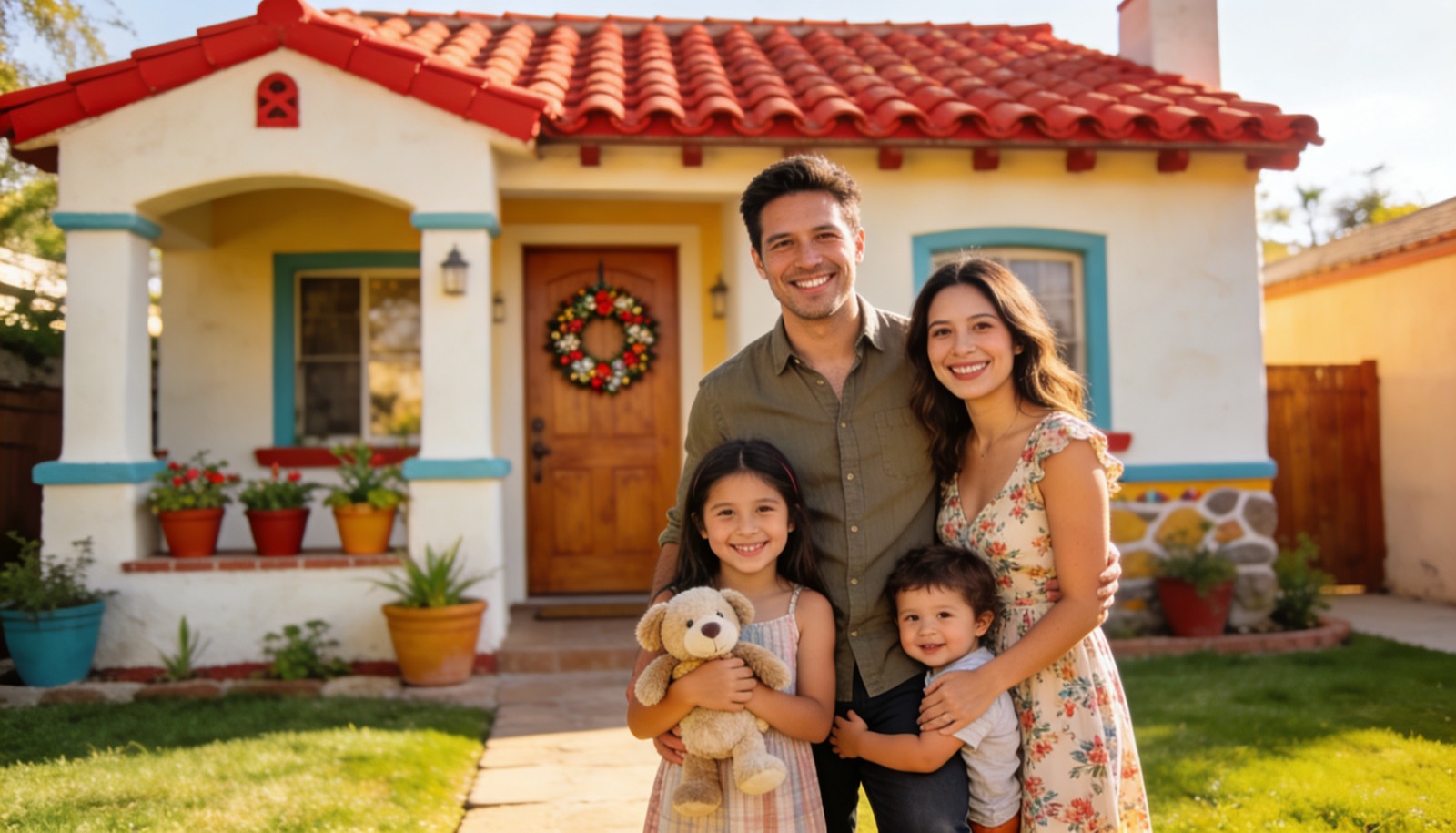 Familia frente a una casa accesible adquirida con crédito en Mazatlán