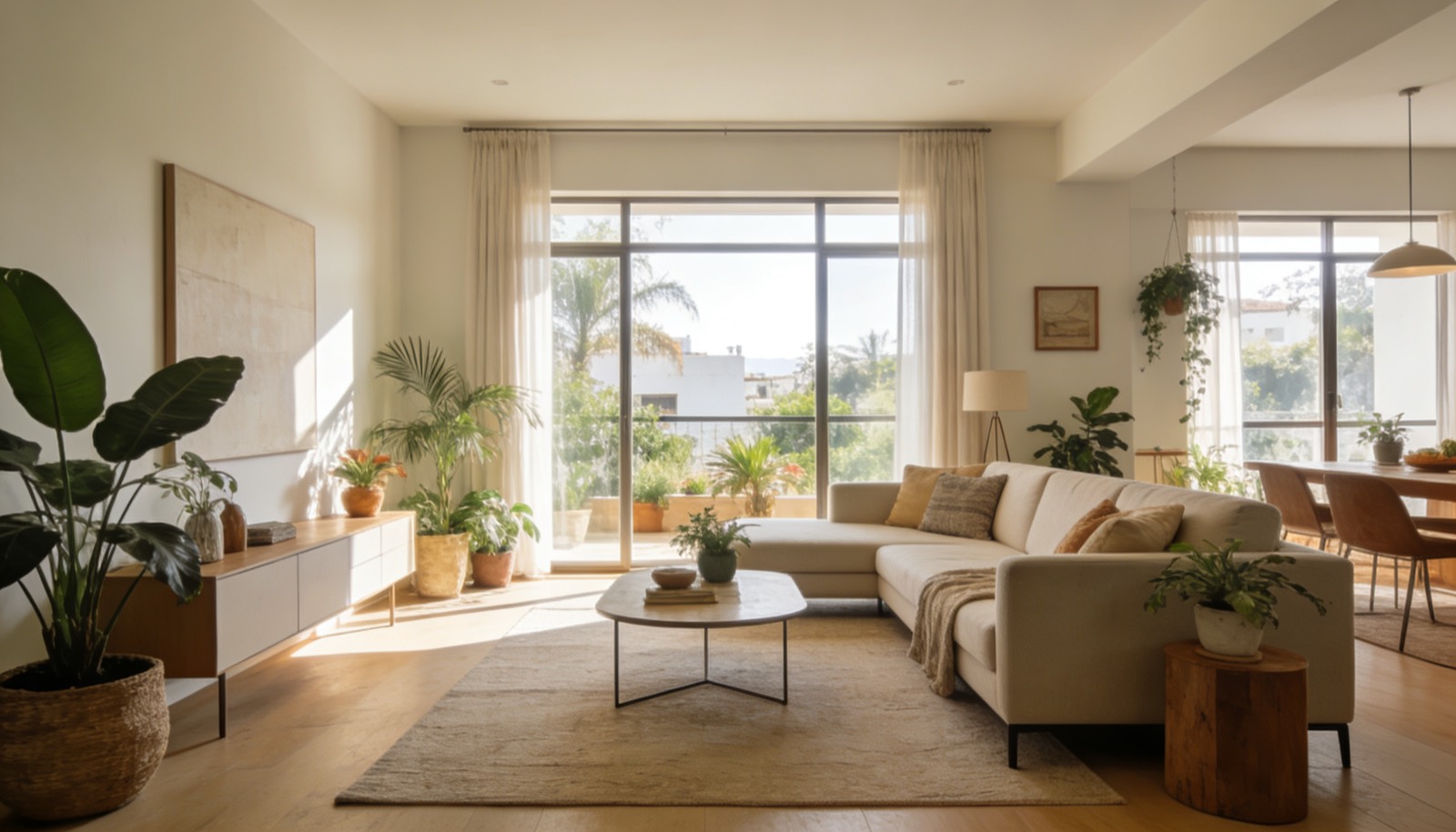 Sala iluminada de una casa amueblada lista para rentar en Mazatlán