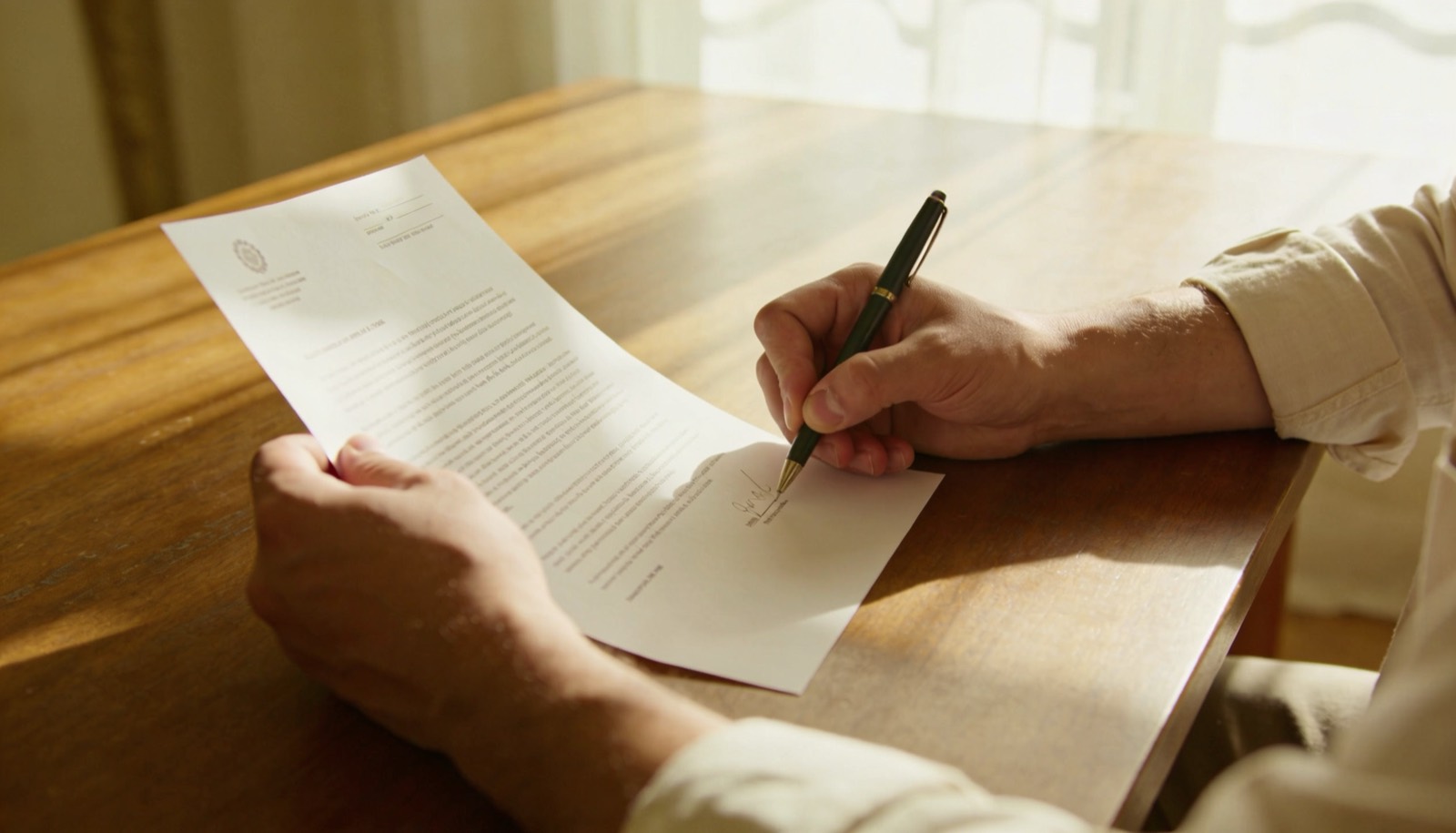Person calmly reviewing a lease document before signing