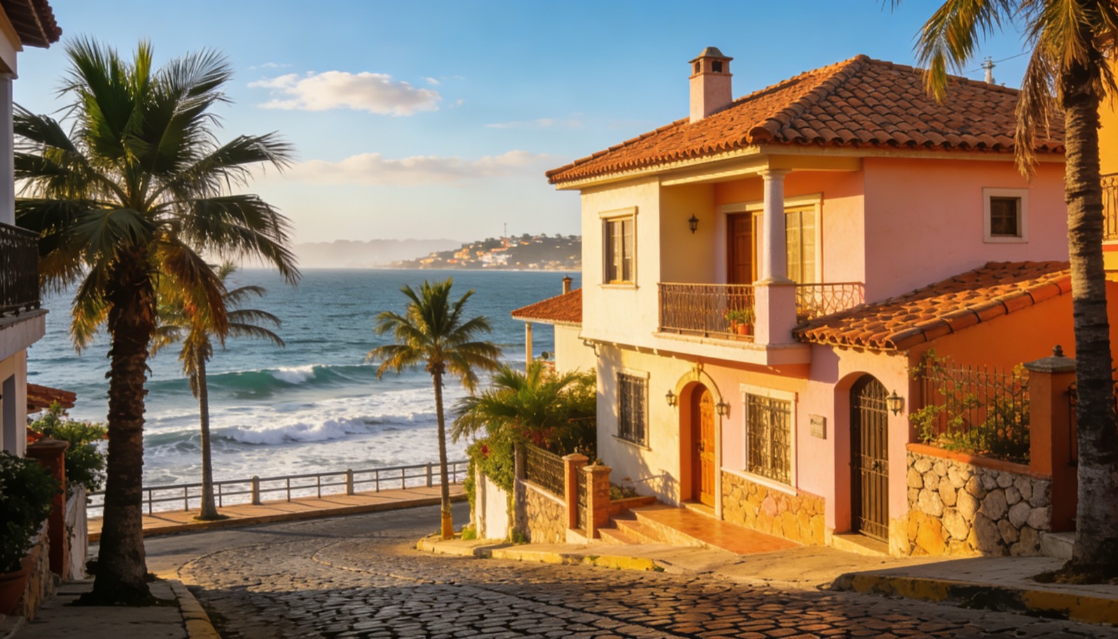 Calle residencial en Mazatlán, Sinaloa, con el malecón y el océano de fondo