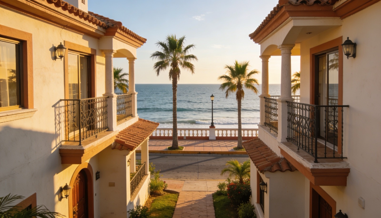 Casas residenciales en Mazatlán, Sinaloa, con el malecón y el mar al fondo