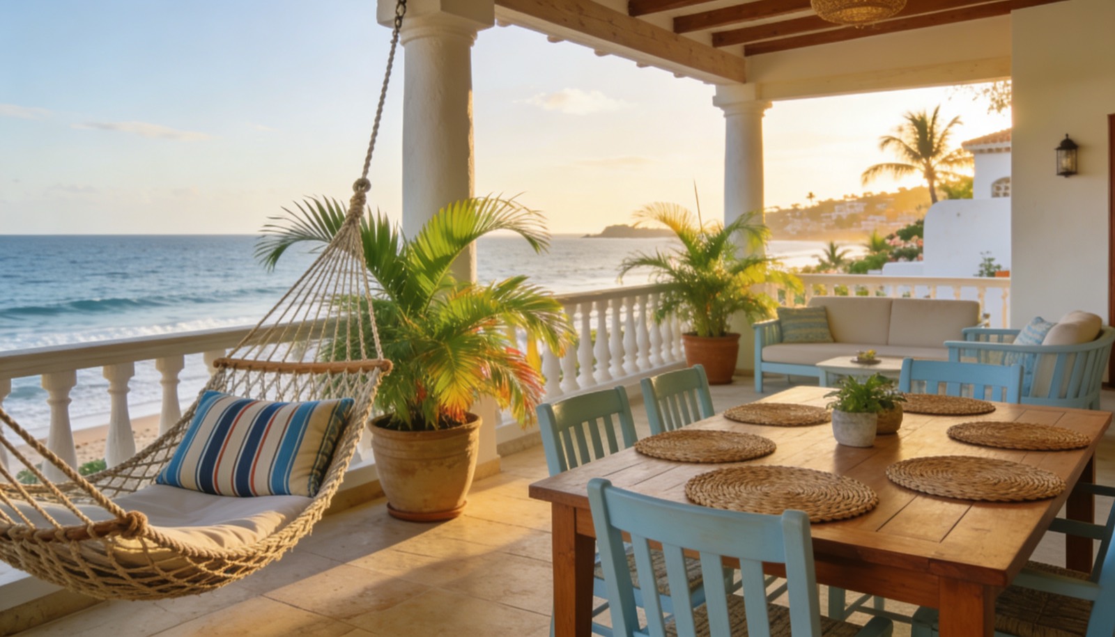 Terraza amueblada con vista al mar de una casa vacacional en Mazatlán