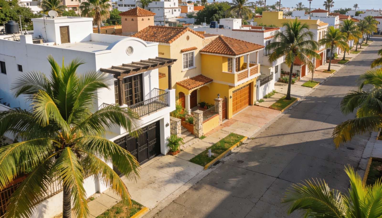 Calle residencial con casas de distintos estilos en venta en Mazatlán