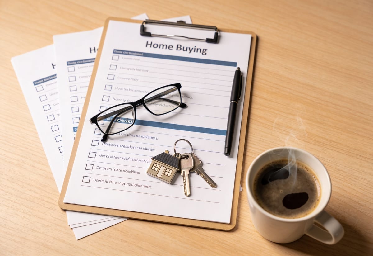 Documentos de compra de casa con checklist, pluma y llaves sobre un escritorio