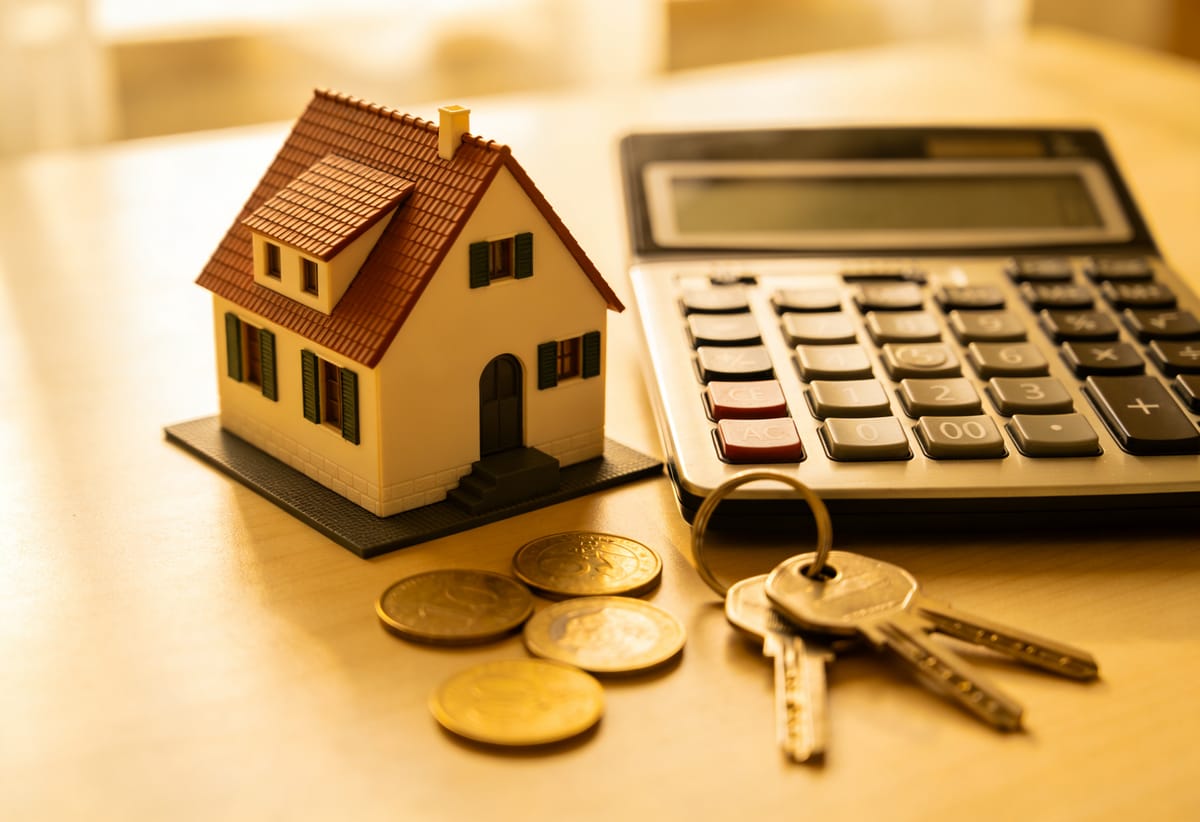 Casa en miniatura junto a una calculadora y llaves sobre un escritorio