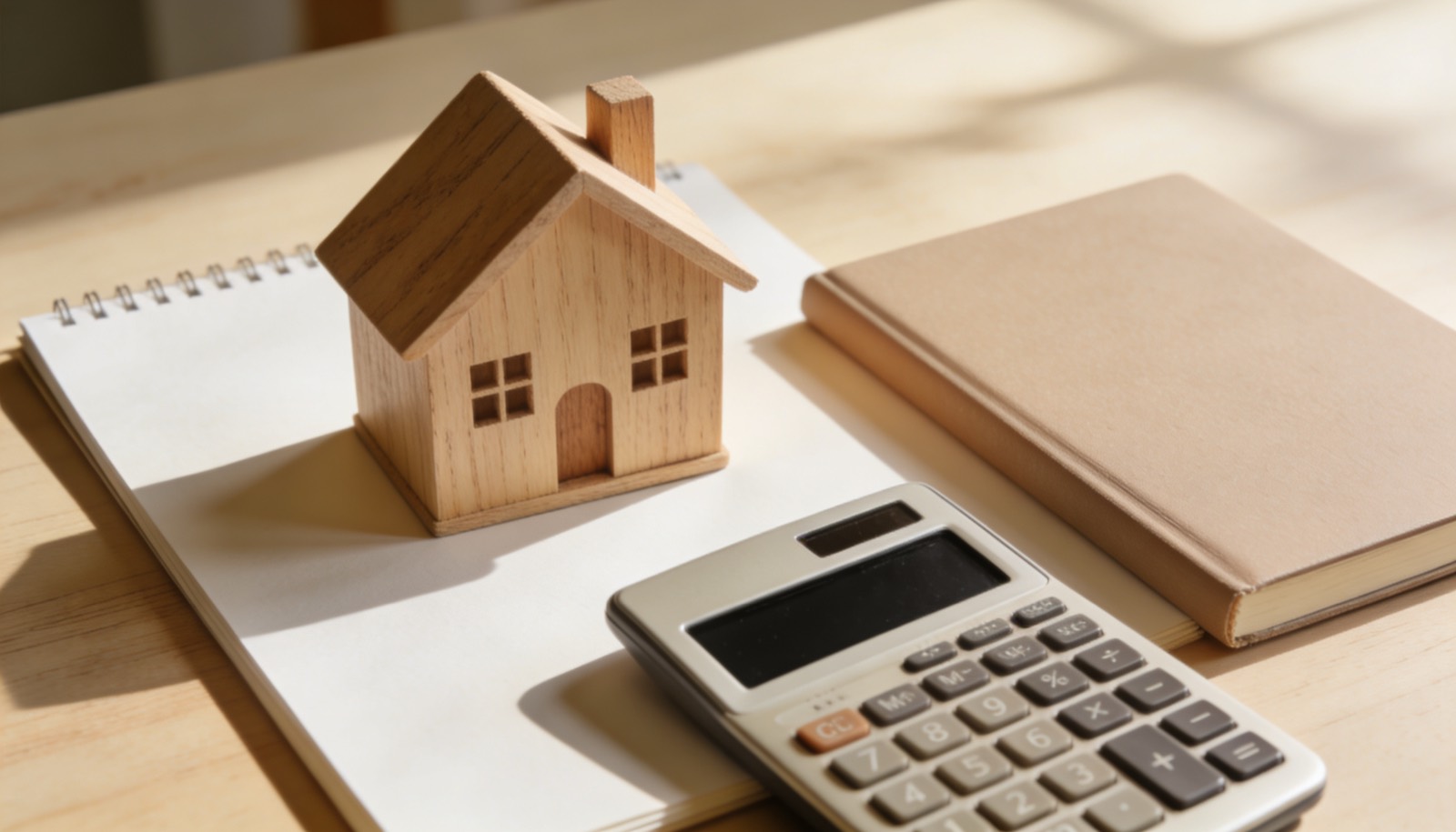 Model house on a desk with a calculator, price-estimating concept