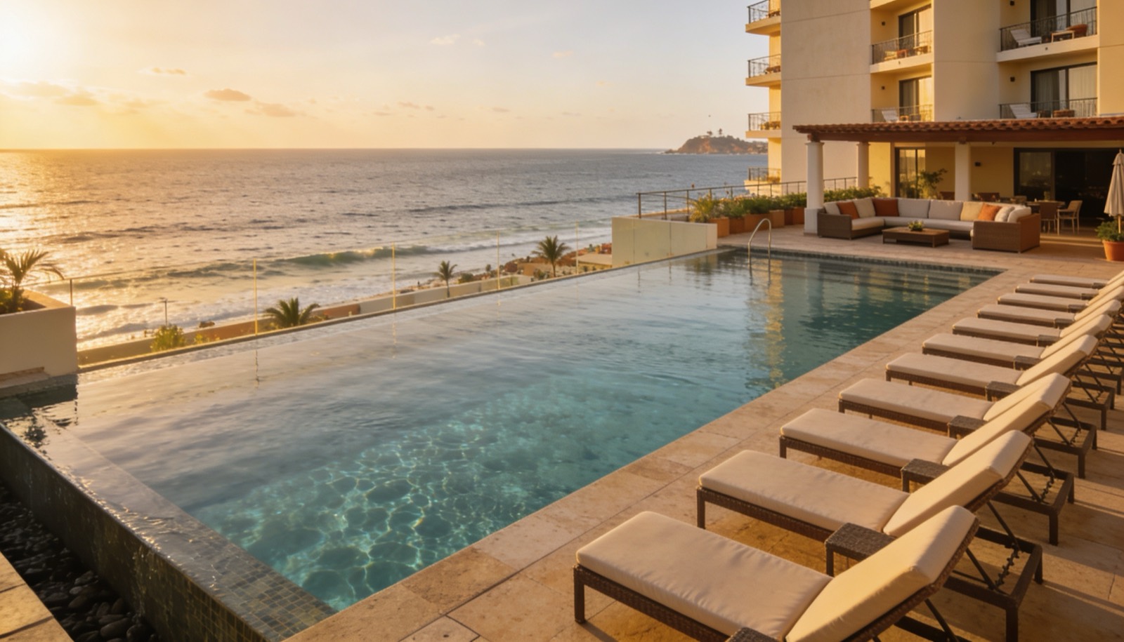Terraza con alberca y áreas comunes en un edificio de departamentos en Mazatlán