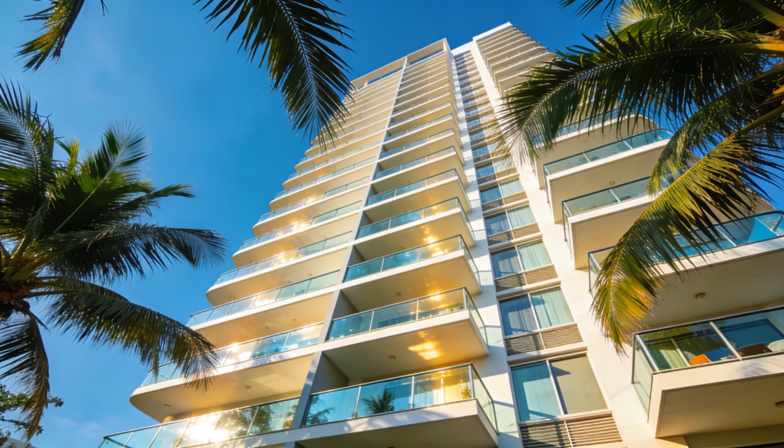 Torre de departamentos modernos en venta en Mazatlán con balcones y cielo azul