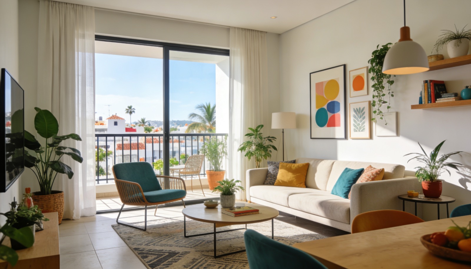 Interior luminoso de un departamento moderno en Mazatlán con balcón