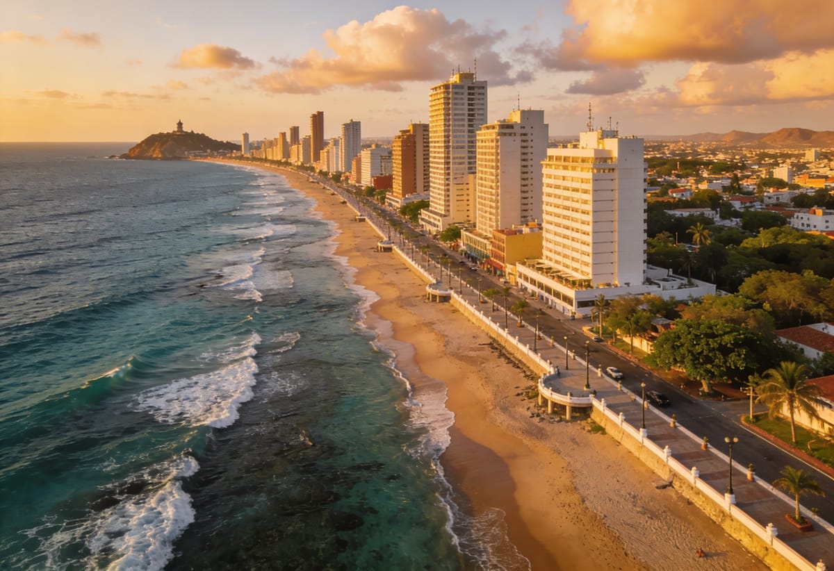 Vista aérea de la costa de Mazatlán al atardecer con sus playas y edificios