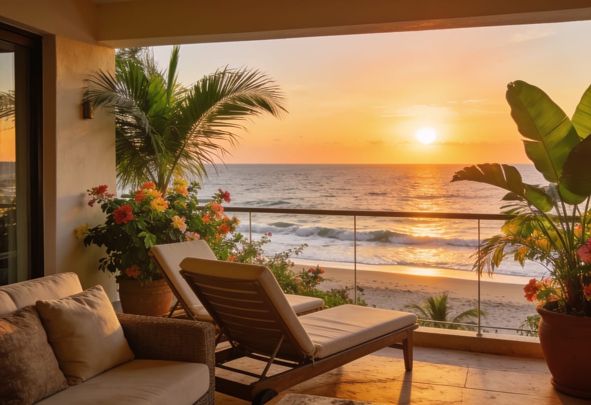 Terraza de una propiedad de renta vacacional frente al mar en Mazatlán al atardecer