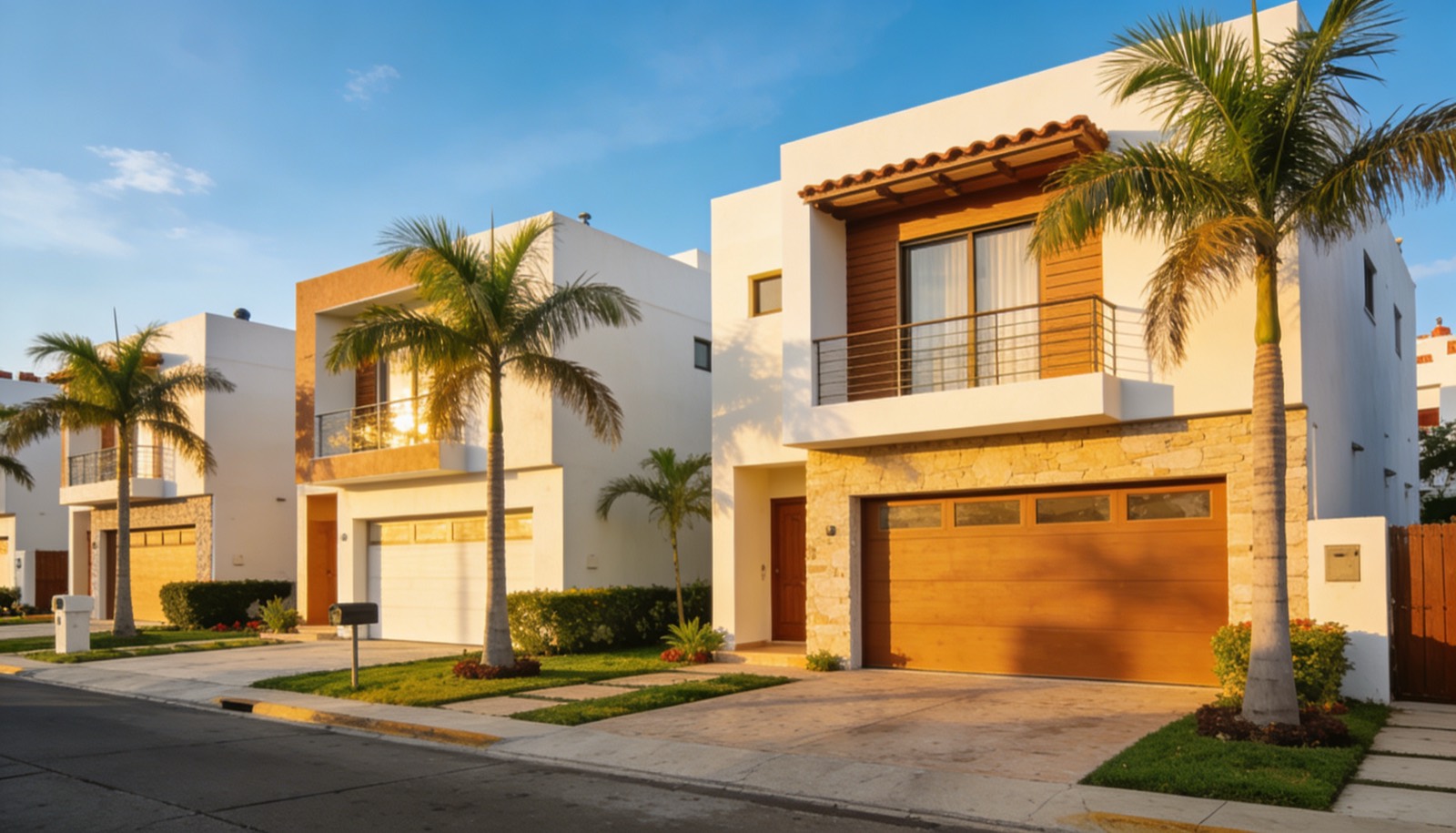 Calle de casas modernas en venta en Mazatlán al atardecer