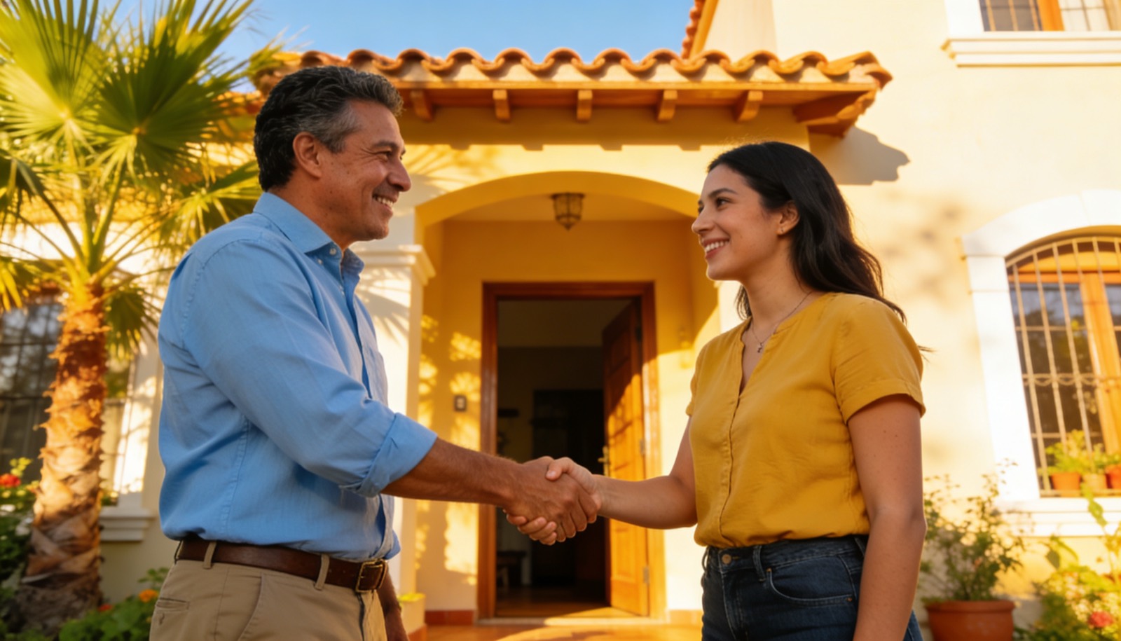 Dueño y comprador conversando frente a una casa en venta en Mazatlán, Sinaloa