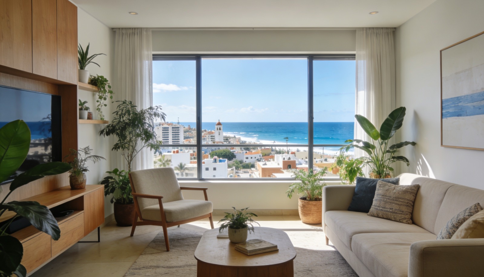 Interior moderno de un departamento en Mazatlán con vista a la ciudad