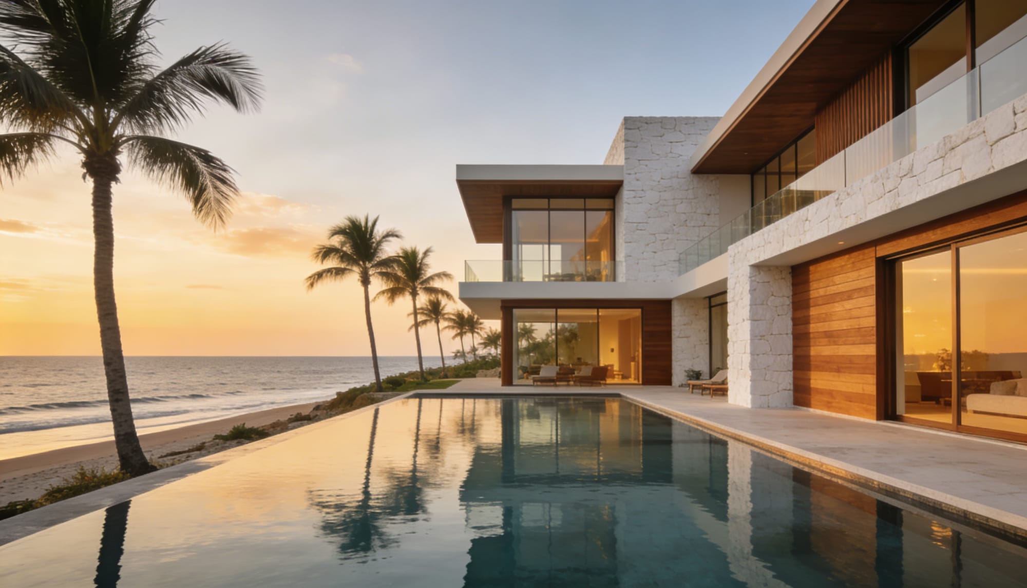 Casa de lujo frente al mar en Mazatlán al atardecer con alberca infinita