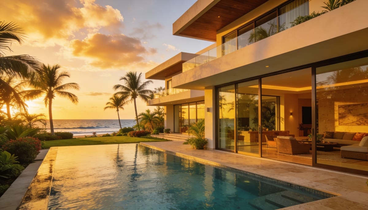 Casa de lujo moderna con alberca y jardín en Mazatlán al atardecer