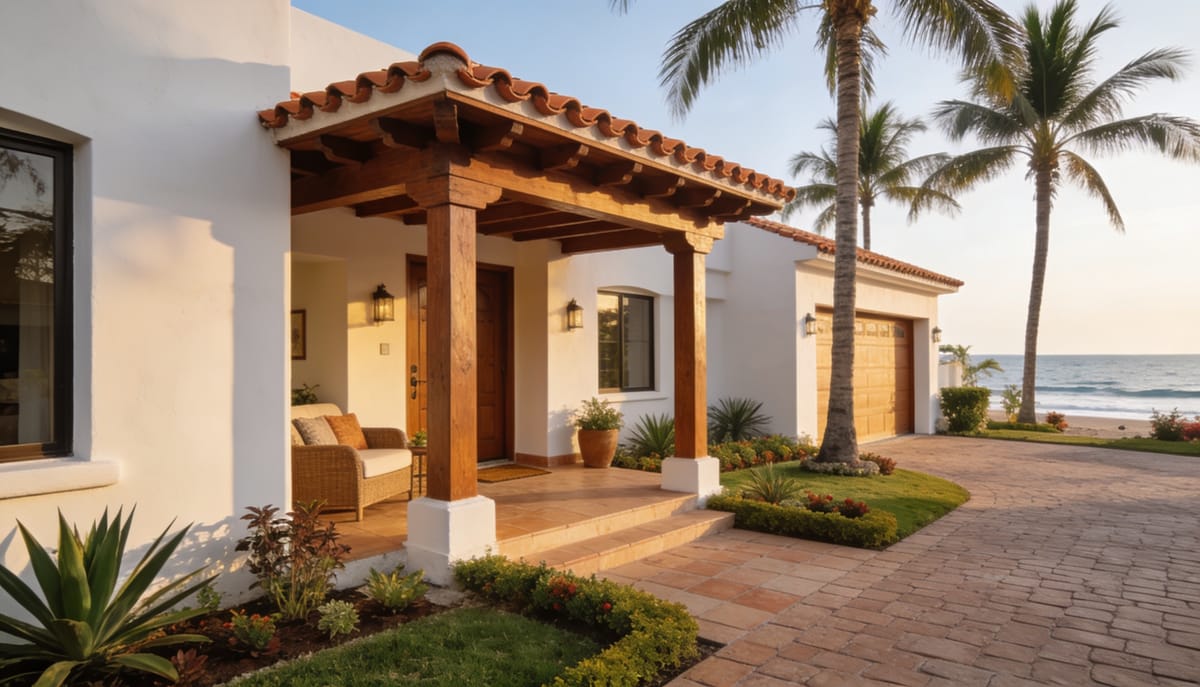 Casa familiar en renta con jardín y palmeras en Mazatlán a la luz de la tarde