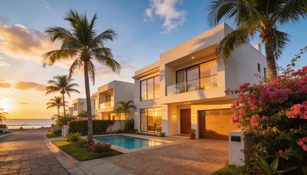 Casas residenciales modernas en venta en una zona de Mazatlán al atardecer