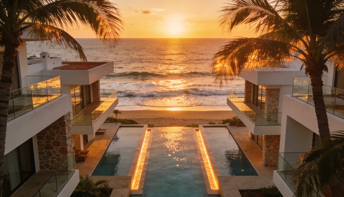 Casas de lujo frente al mar en Mazatlán con alberca y vista al Pacífico al atardecer