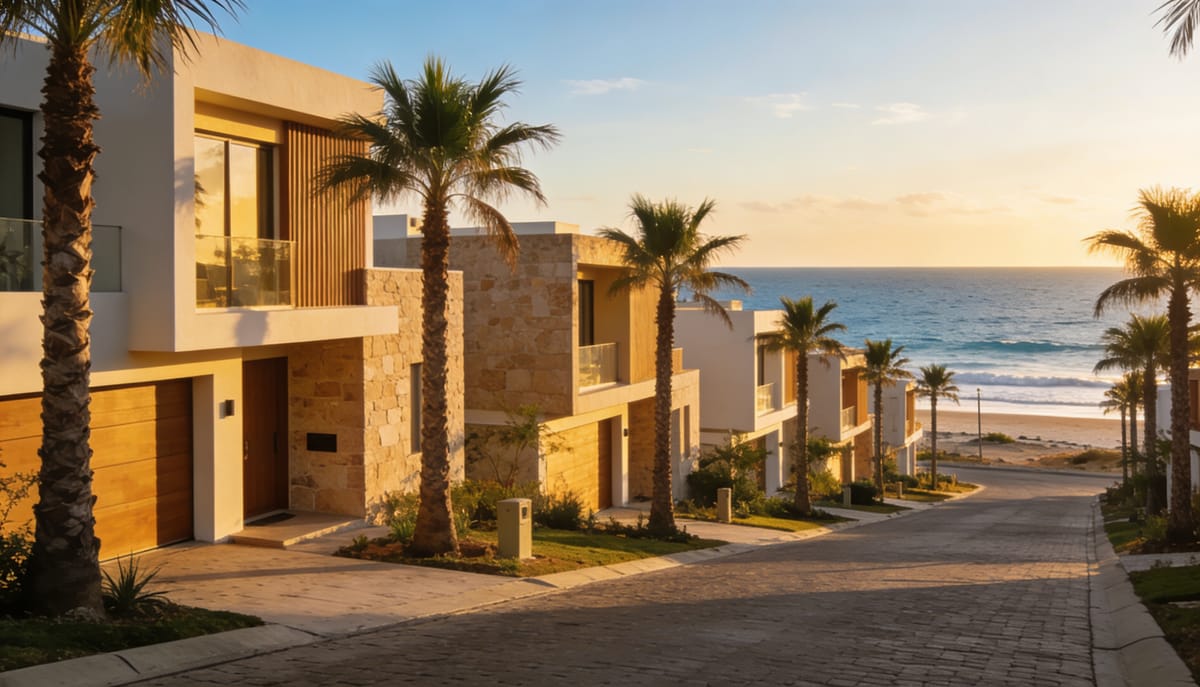 Casas residenciales modernas en Nuevo Mazatlán al atardecer