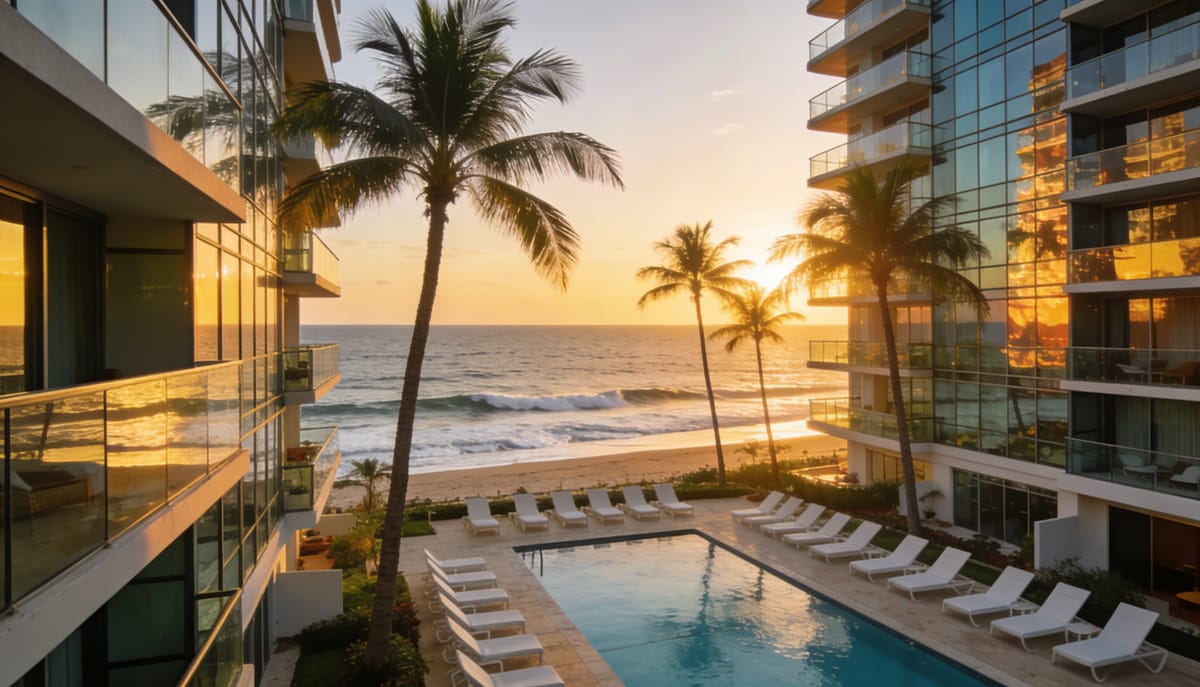 Torres de condominios frente al mar en Mazatlán al atardecer