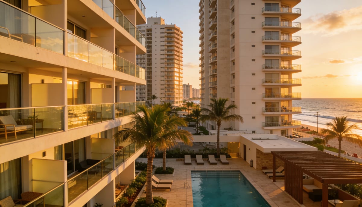 Edificios de departamentos en Mazatlán frente al mar al atardecer