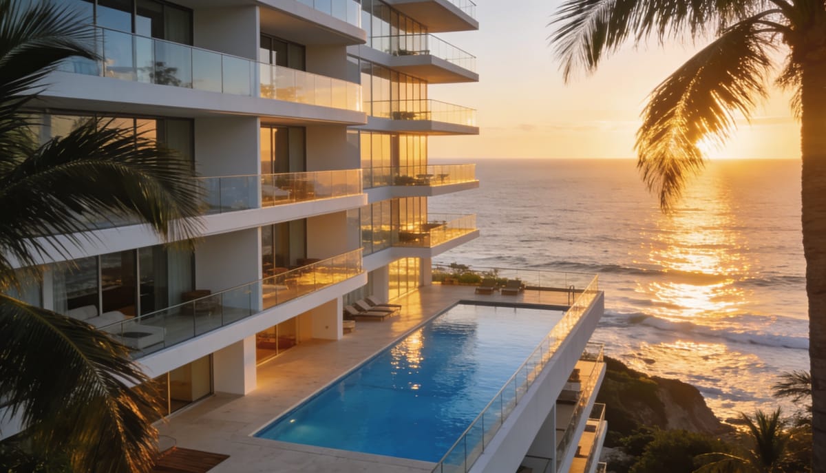 Edificio de departamentos frente al mar con alberca en Mazatlán al atardecer