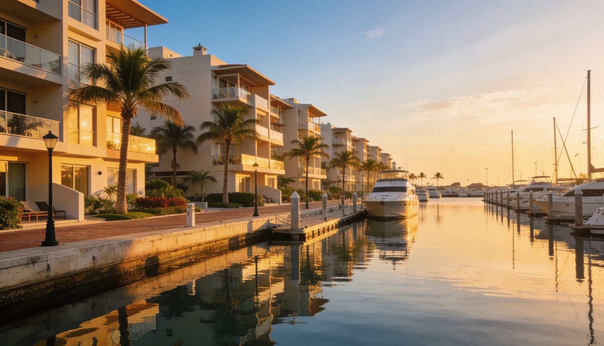 Departamentos en Marina Mazatlán frente a la dársena al atardecer