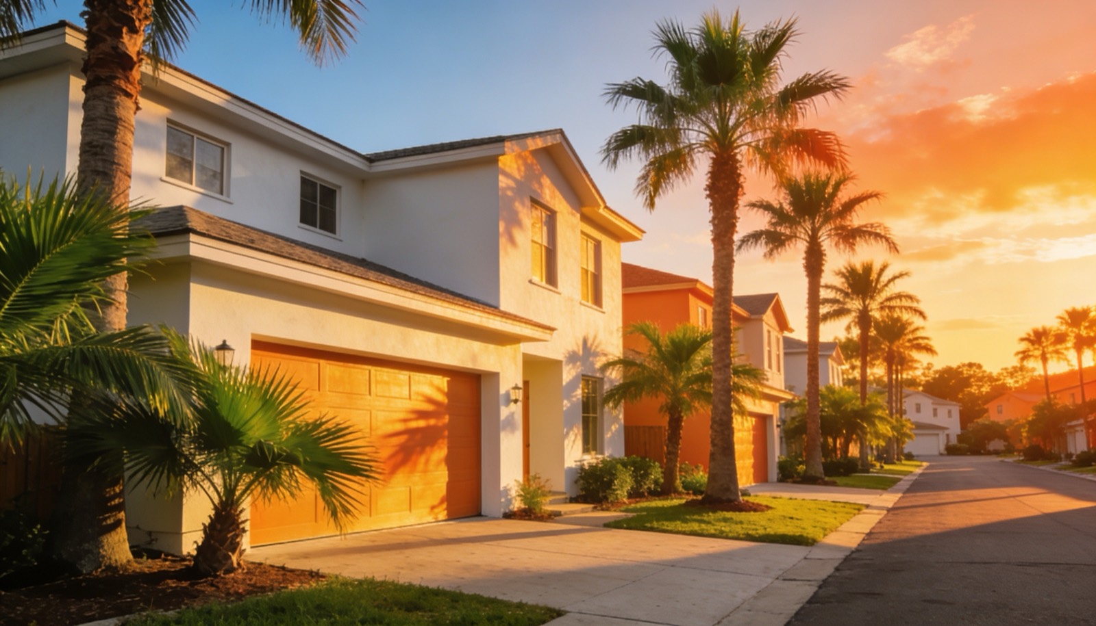 Calle residencial al atardecer con casas modernas en Mazatlán
