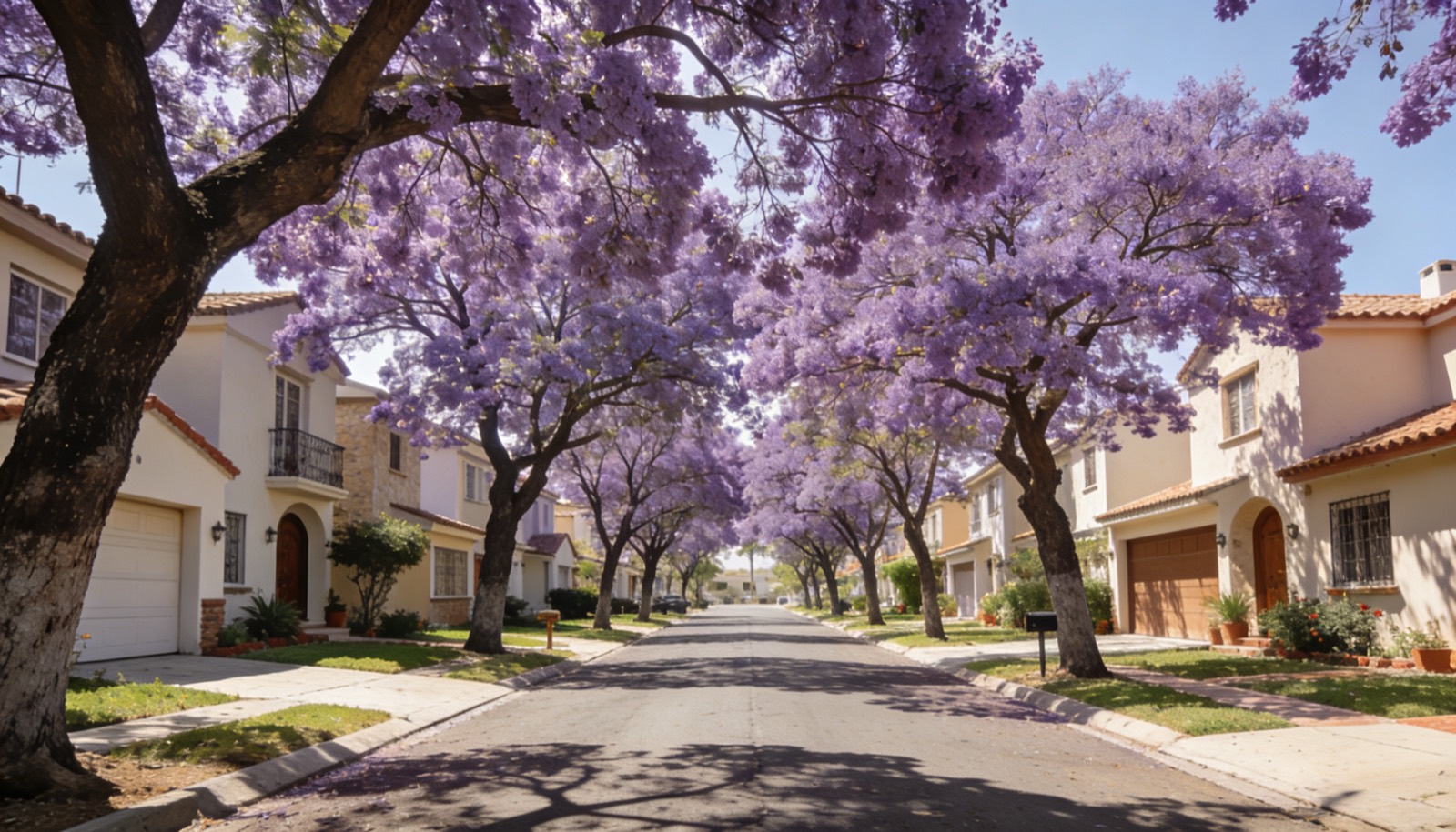 Calle residencial con jacarandas en flor en Mazatlán