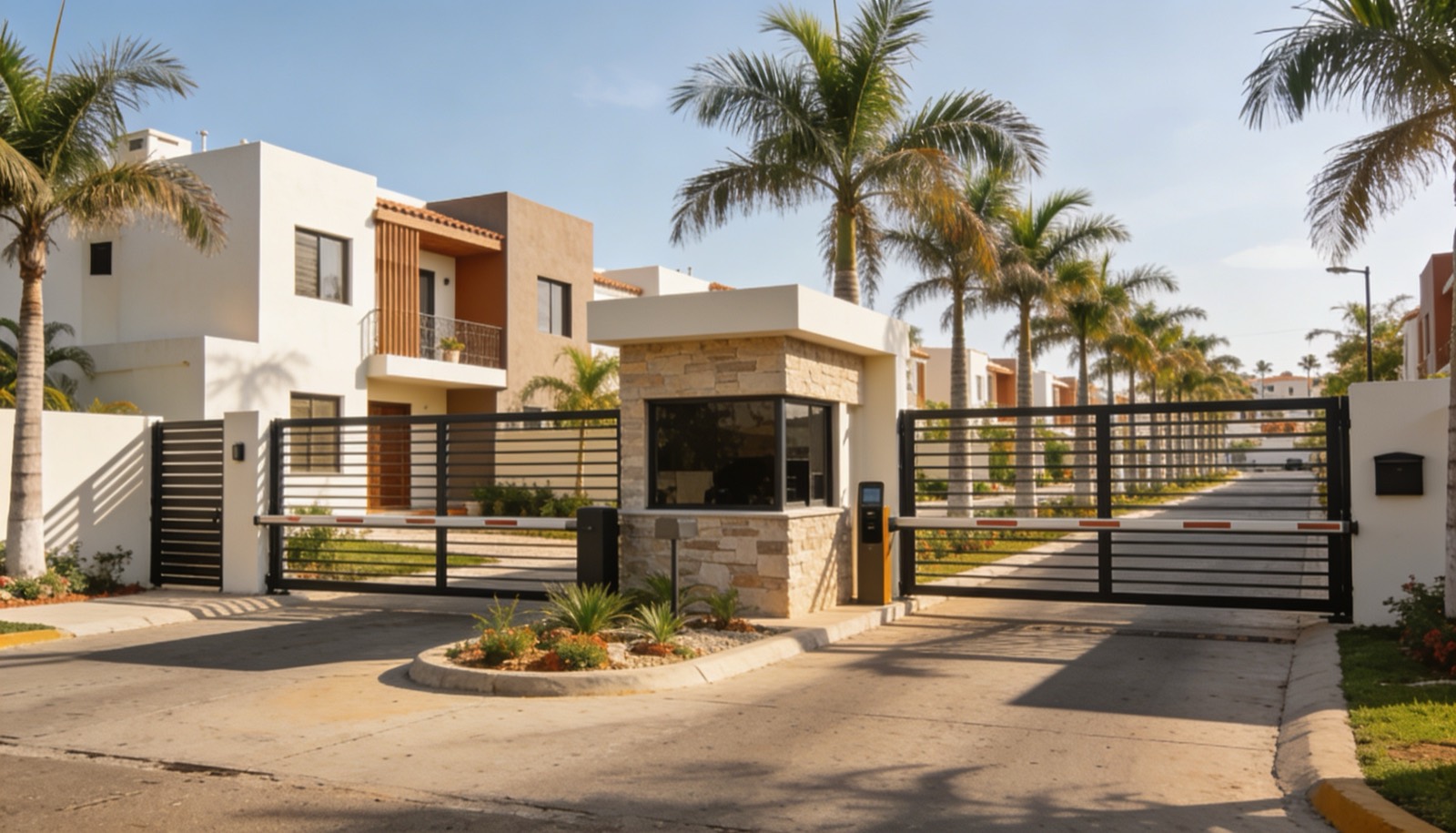 Entrada de un fraccionamiento privado con casas modernas en Mazatlán