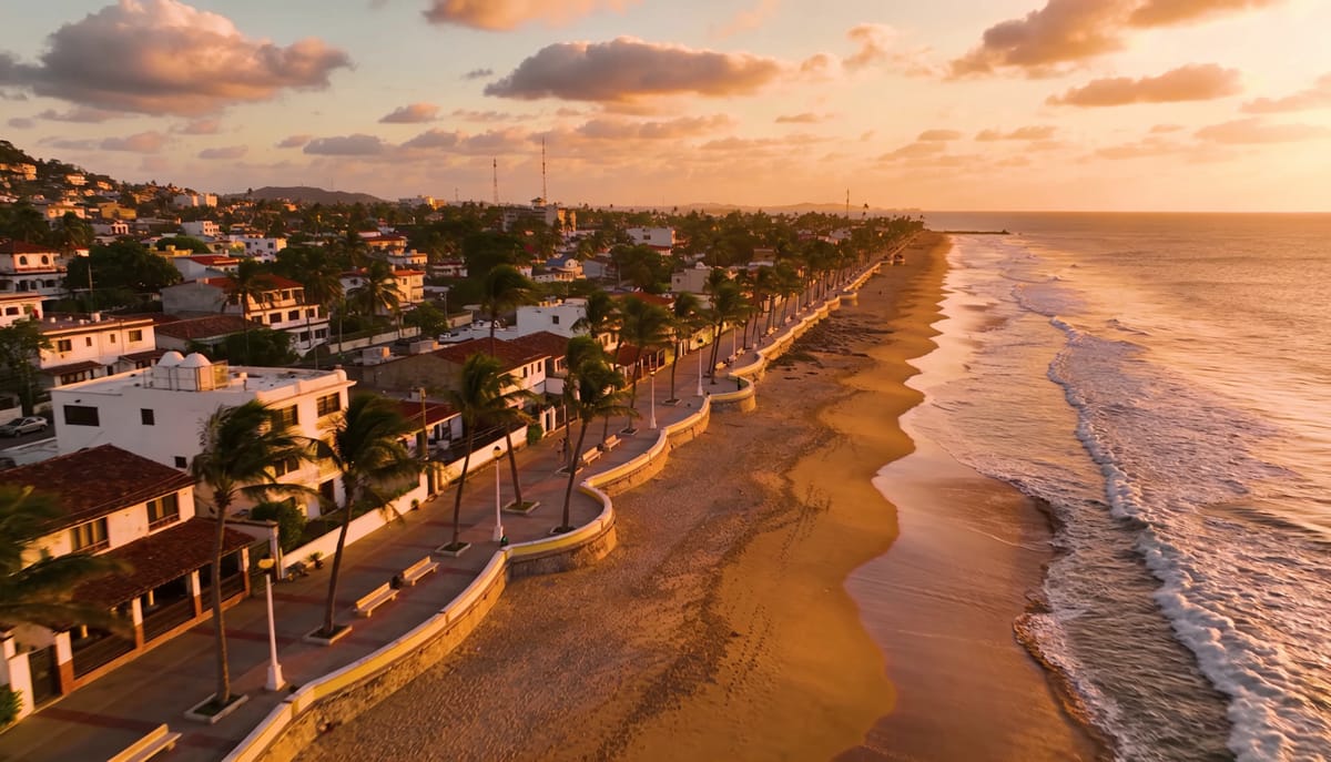 Vista aérea de la costa y colonias residenciales de Mazatlán al atardecer