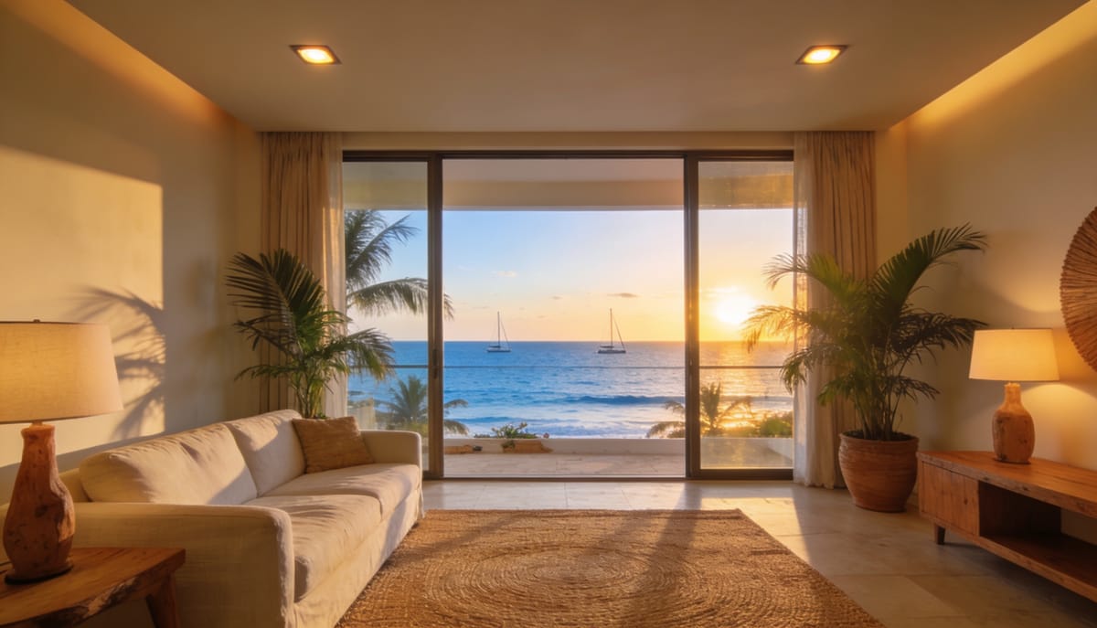 Interior de un departamento amueblado para renta vacacional con vista al mar en Mazatlán