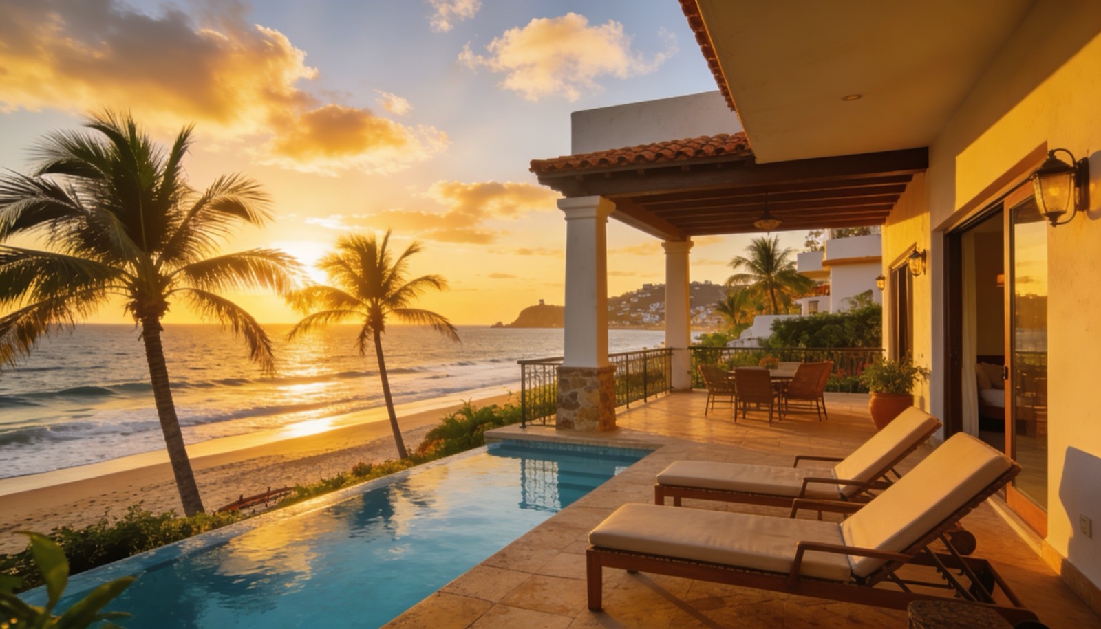 Terraza con alberca y vista al Pacífico de una propiedad de renta vacacional en Mazatlán al atardecer