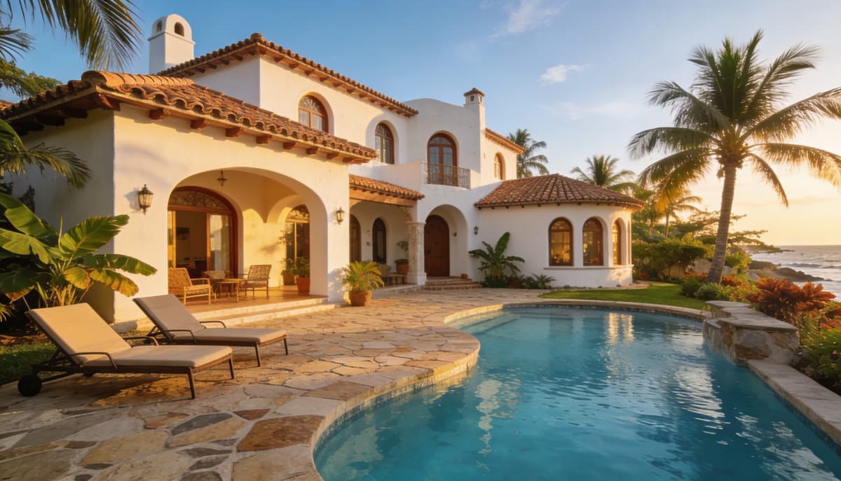 Villa privada con alberca y jardín en Mazatlán al atardecer