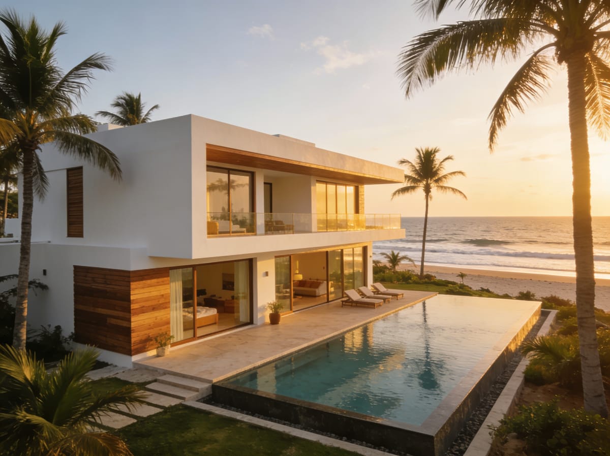 Casa moderna frente al mar en Cerritos Mazatlán con alberca y palmeras al atardecer