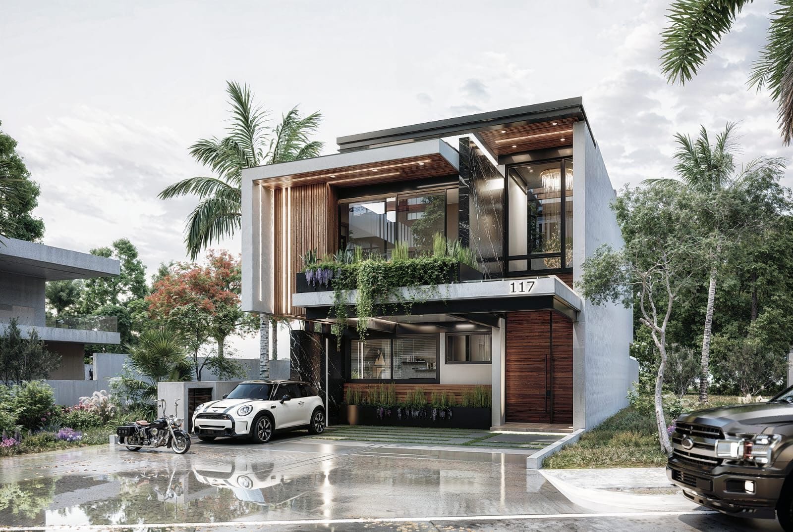 Fachada iluminada al atardecer de casa en pre-venta en Paraíso Marina, Marina Mazatlán