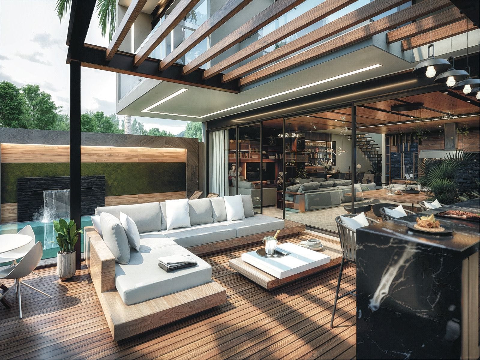Sala de doble altura abierta a la terraza en casa de Paraíso Marina