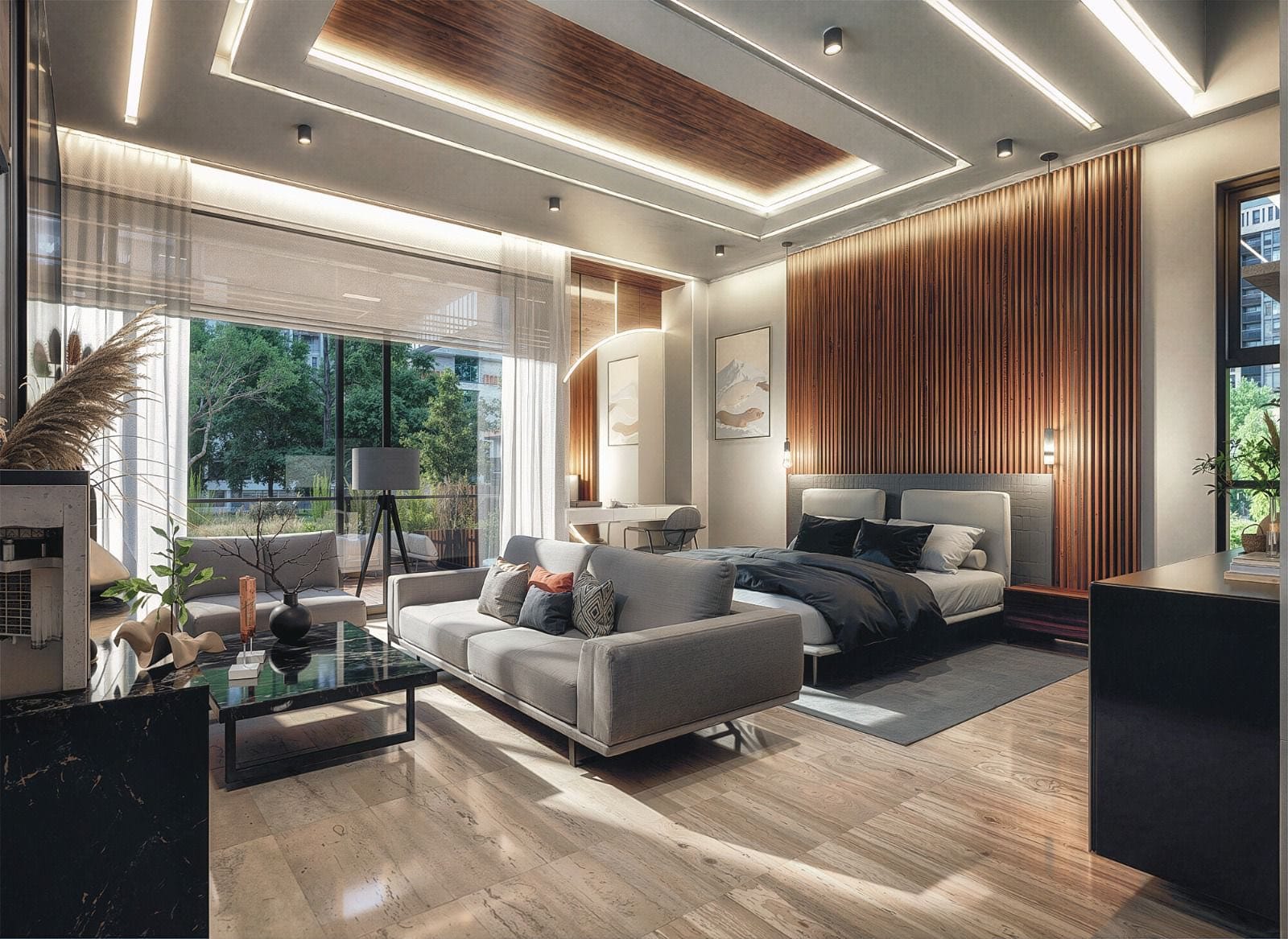 Sala de estar con grandes ventanales en casa de Paraíso Marina