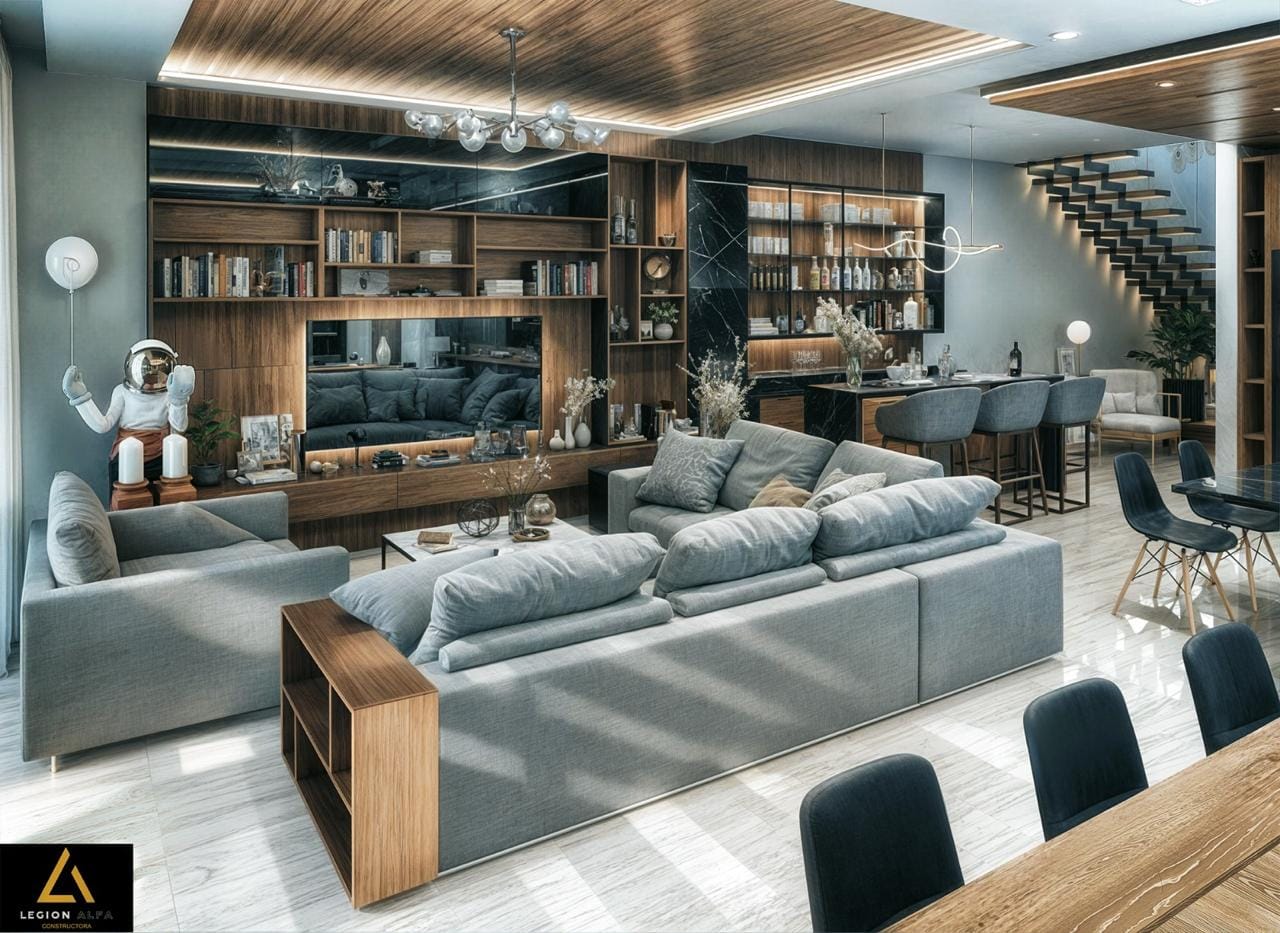 Sala con librero a doble altura en casa de lujo en Paraíso Marina