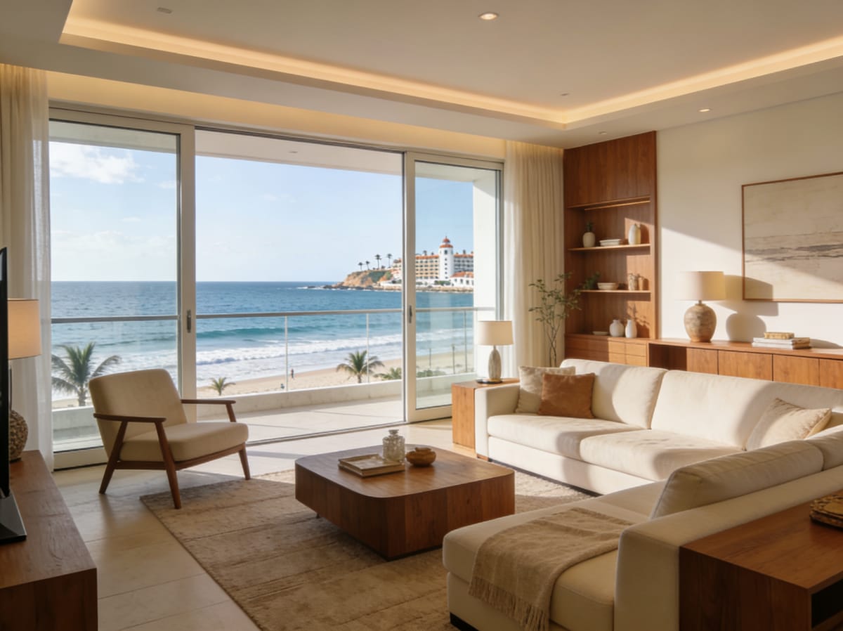 Sala amueblada de un departamento moderno con vista al mar en la Zona Dorada de Mazatlán
