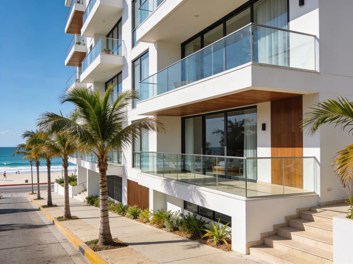 Edificio de departamentos moderno en la Zona Dorada de Mazatlán cerca de la playa