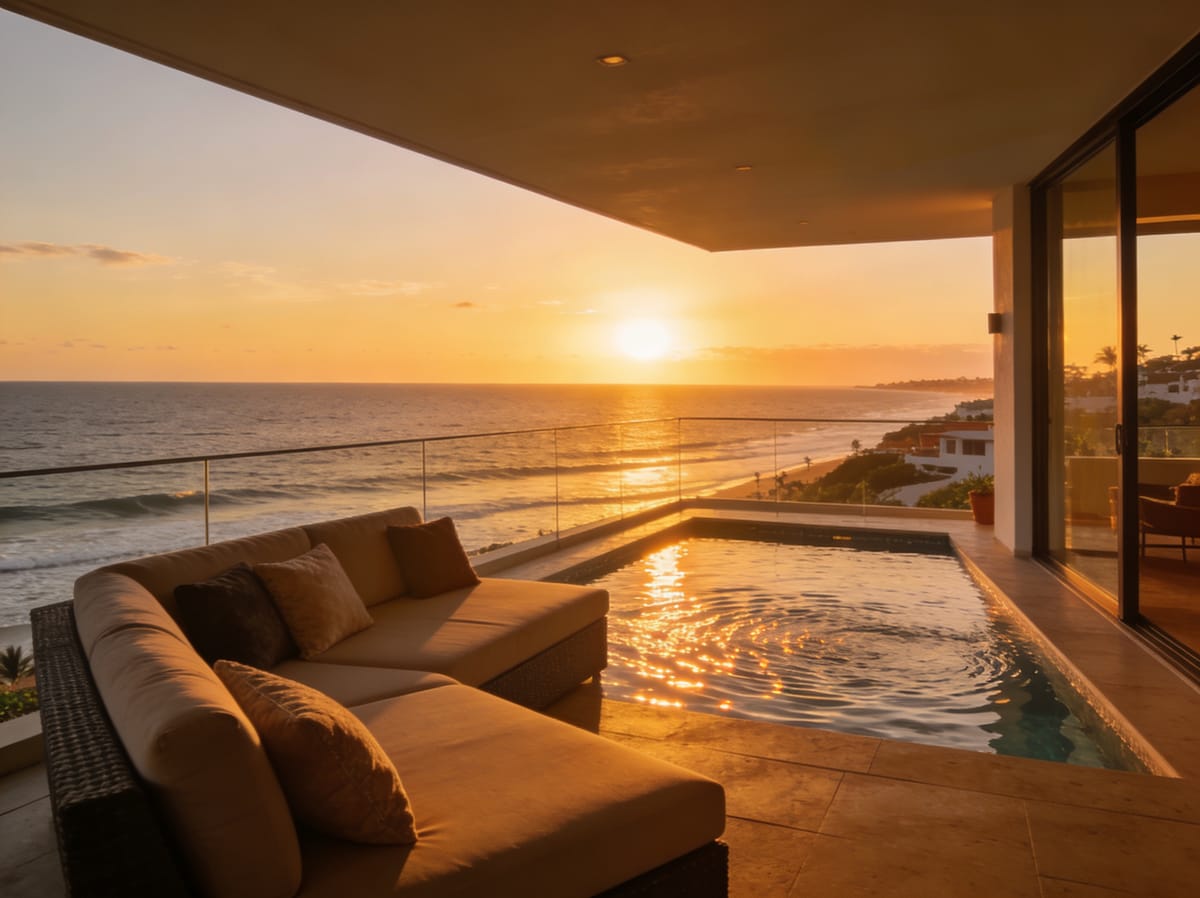 Terraza de penthouse con alberca y vista al mar en Cerritos Mazatlán al atardecer