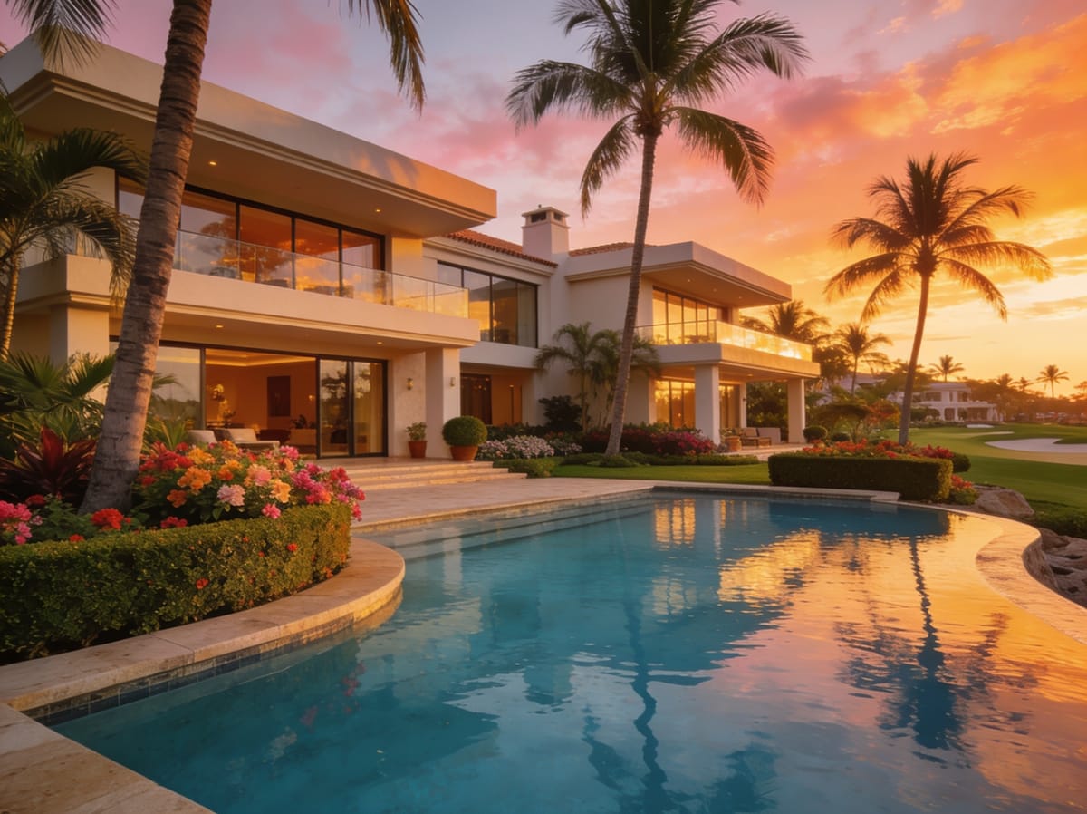 Villa de lujo en el fraccionamiento El Cid Mazatlán con jardín y alberca al atardecer